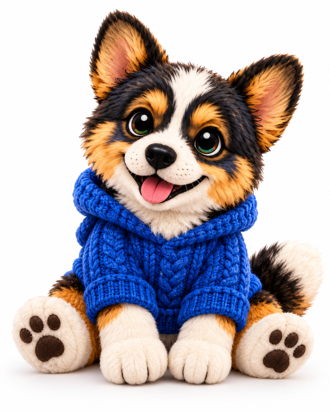 knuffige hund im blauen strickpullover