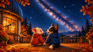 Astromaus und Lou sitzen neben der Sternwarte und reden über ihre nächsten Abenteuer.