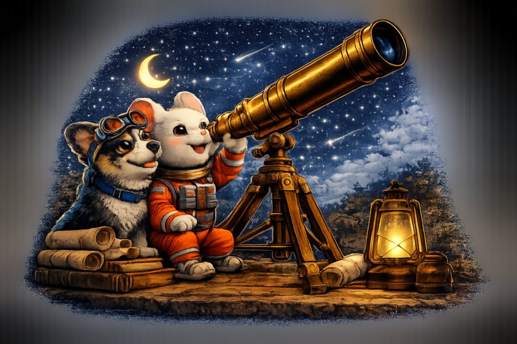 Astromaus und Lou schauen gemeinsam durch ein Fernrohr in den Sternenhimmel mit Mondsichel und Sternschnuppen