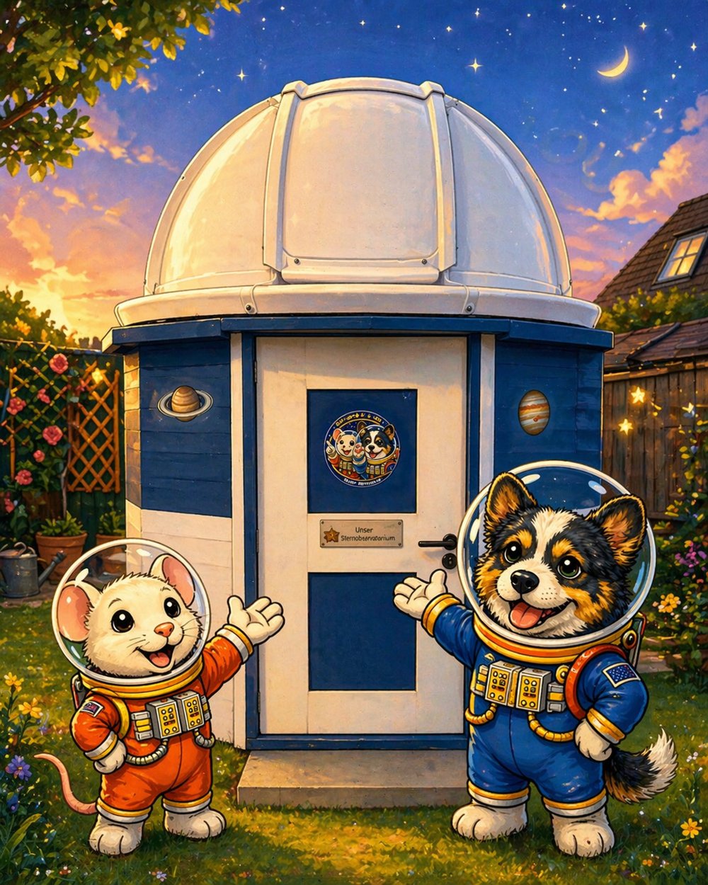 Astromaus und Lou in Raumanzügen vor der Kuppel ihrer kleinen Sternwarte im Garten