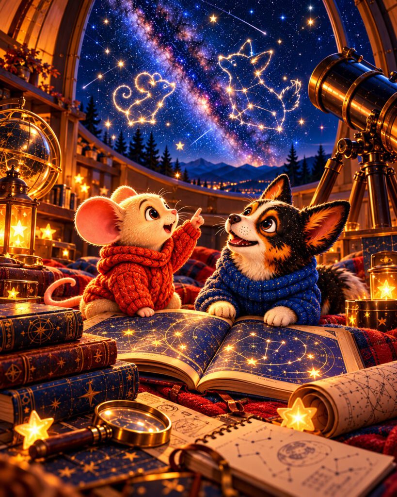 Astromaus und Lou liegen über einem aufgeschlagenen Sternenatlas in der Sternwarte, am Himmel leuchten Sternbilder in Form einer Maus und eines Hundes
