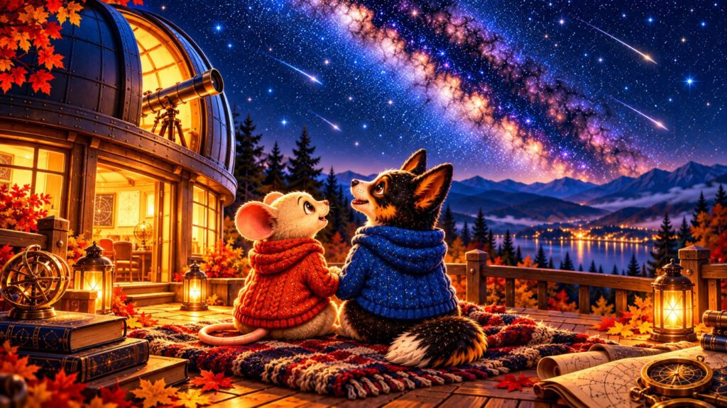 Astromaus im roten und Lou im blauen Strickpullover sitzen auf einer Decke vor der Sternwarte und schauen gemeinsam in den Sternenhimmel